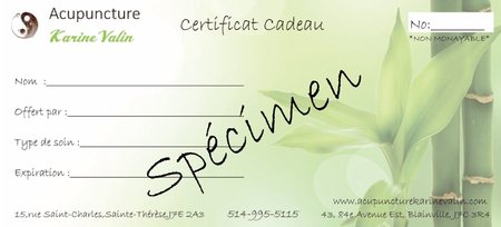 Certificat cadeau achat par téléphone, Blainville, Sainte-Thérèse, acupuncture Karine Valin